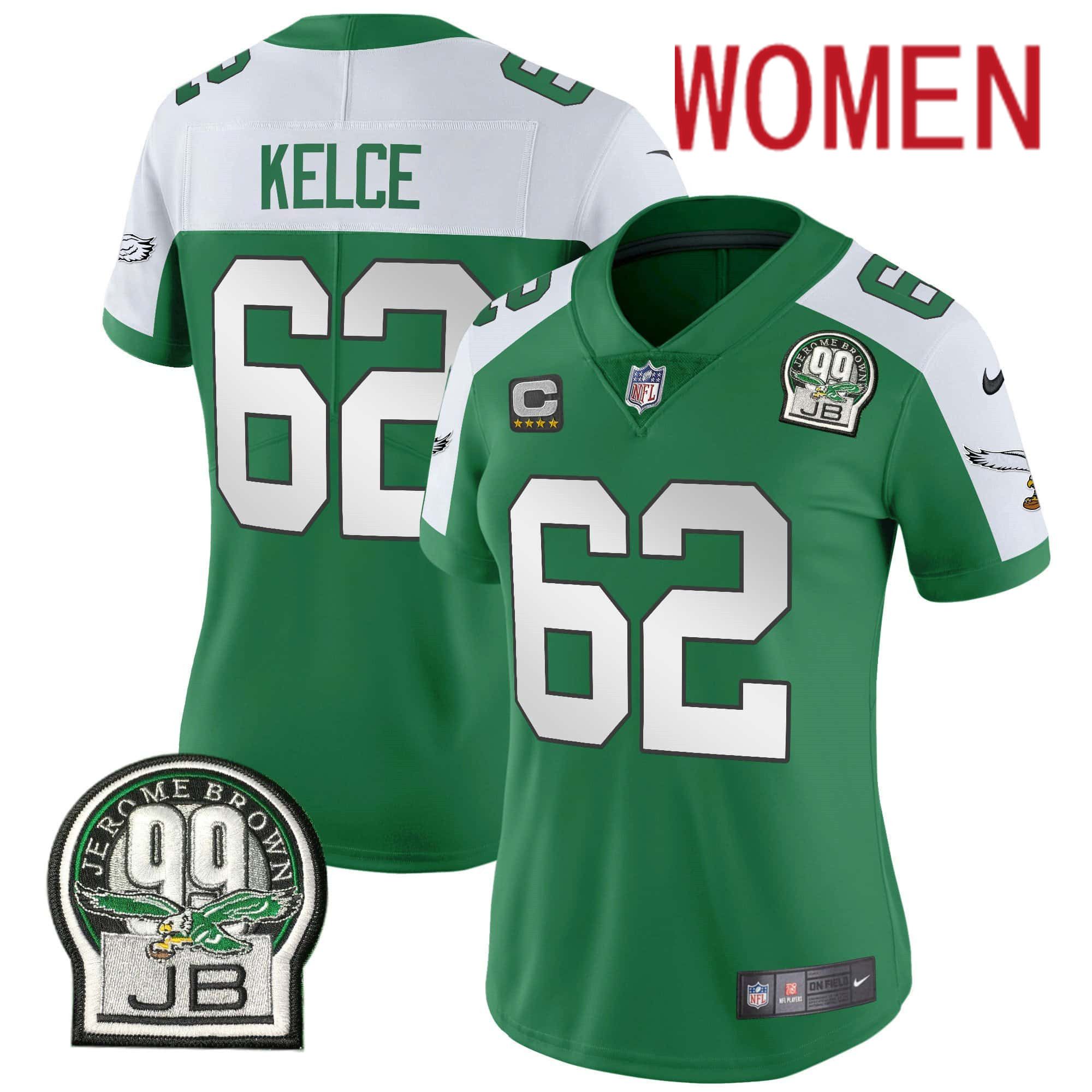 Women Philadelphia Eagles #62 Kelce Green 2024 Nike Jerome Brown Patch Alternate Limited NFL Jersey